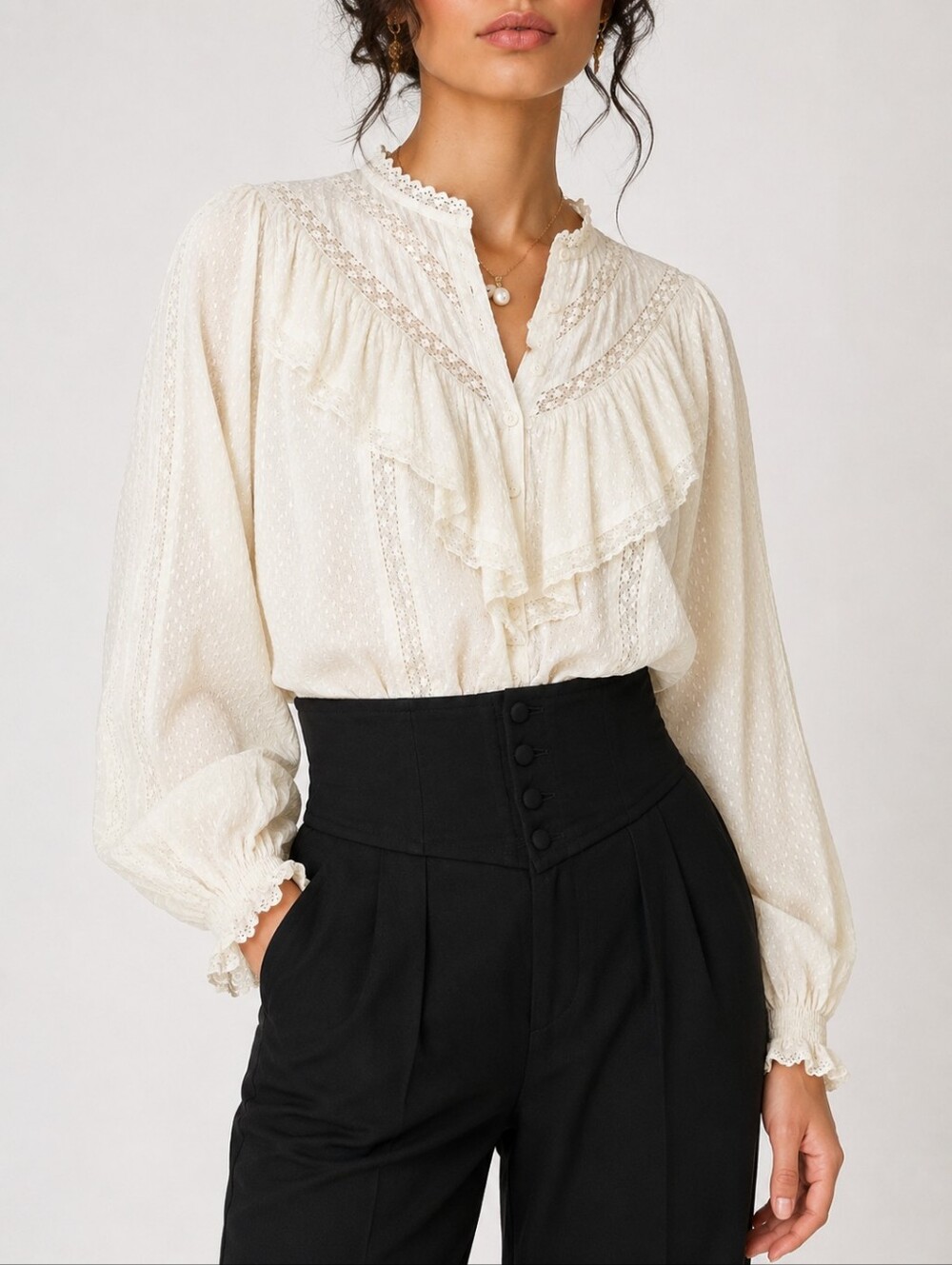 LoveShackFancy Gideon Top Antique White Cotton Swiss Dot Ruffle Lace Blouse XS